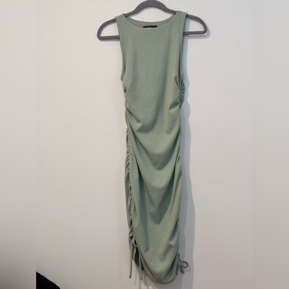 Lulu’s Sage Green Ribbed Ruched Bodycon Dress - Picture 2 of 13